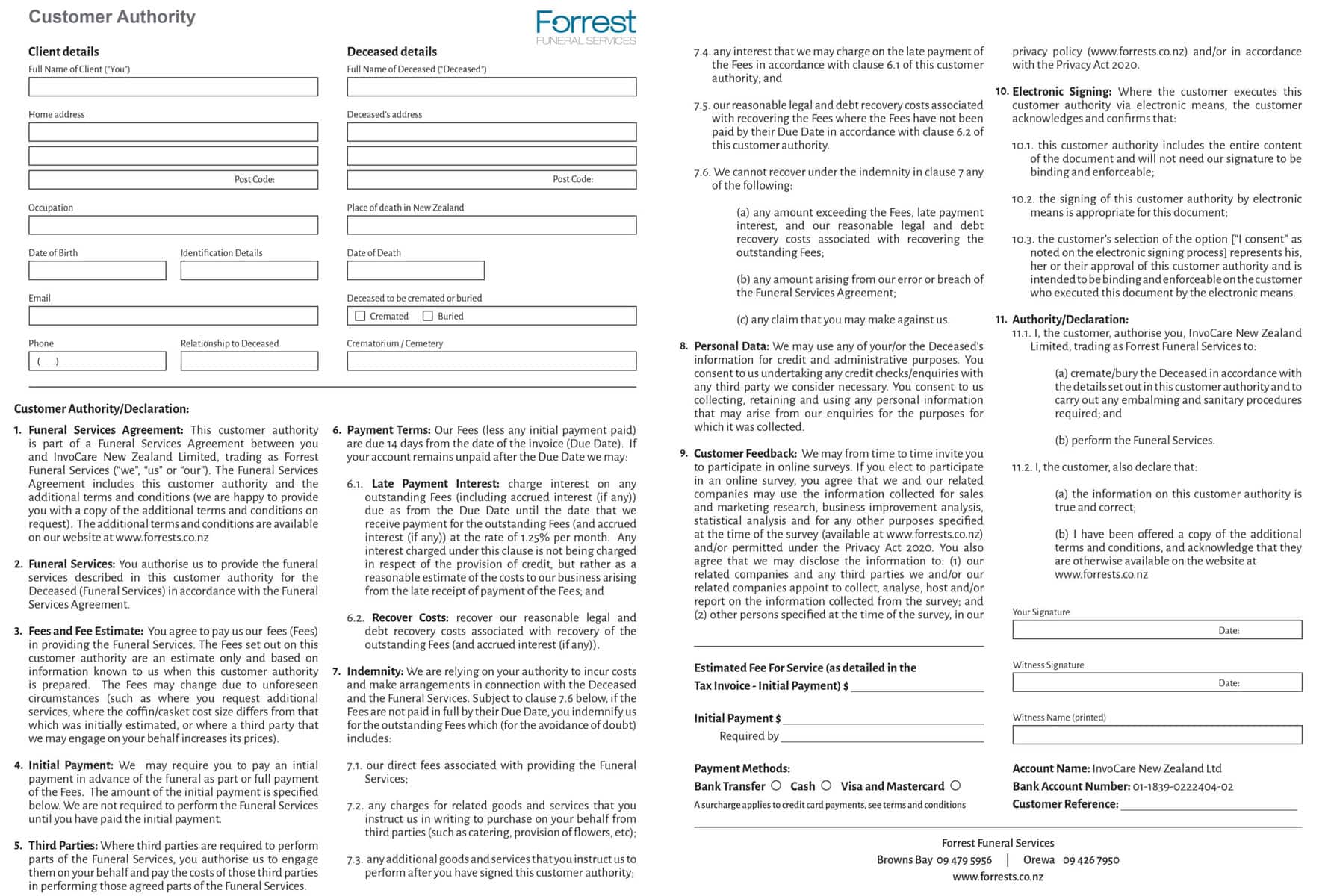 Forrest Funeral Services Customer Authority Form